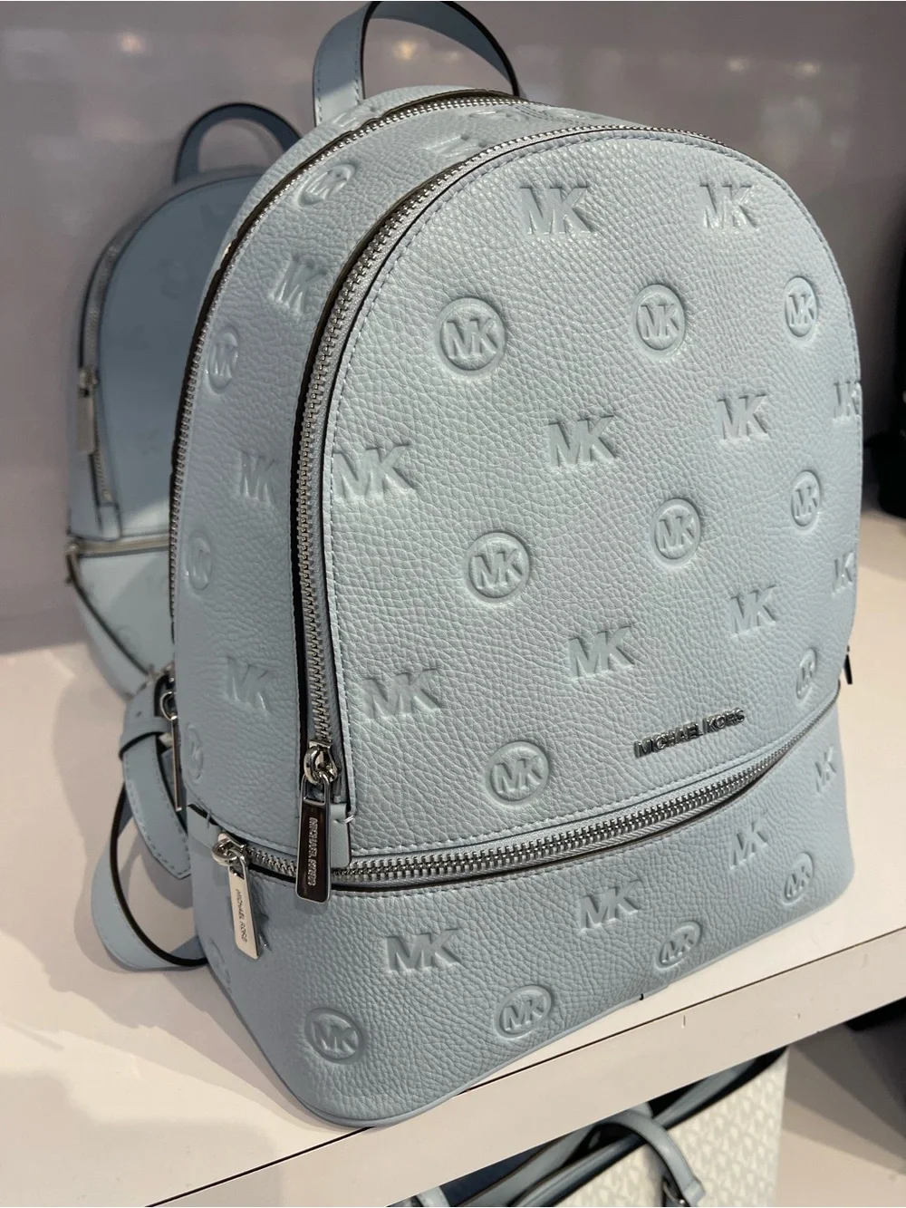 Michael Kors Rhea Medium Zip Logo Debossed Backpack Pale Ocean NWT